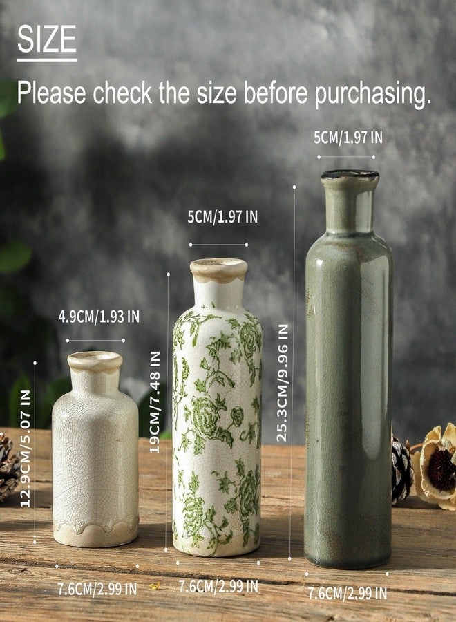 ooit Vintage Vase Set of 3, Ceramic Vintage Flower Vases, Chinoiserie Decorative Home Decor Retro Floral Vase Rustic Farmhouse Decor for Table Bookshelf Mantel Kitchen Living Room Office - Green and Beige - Image 2